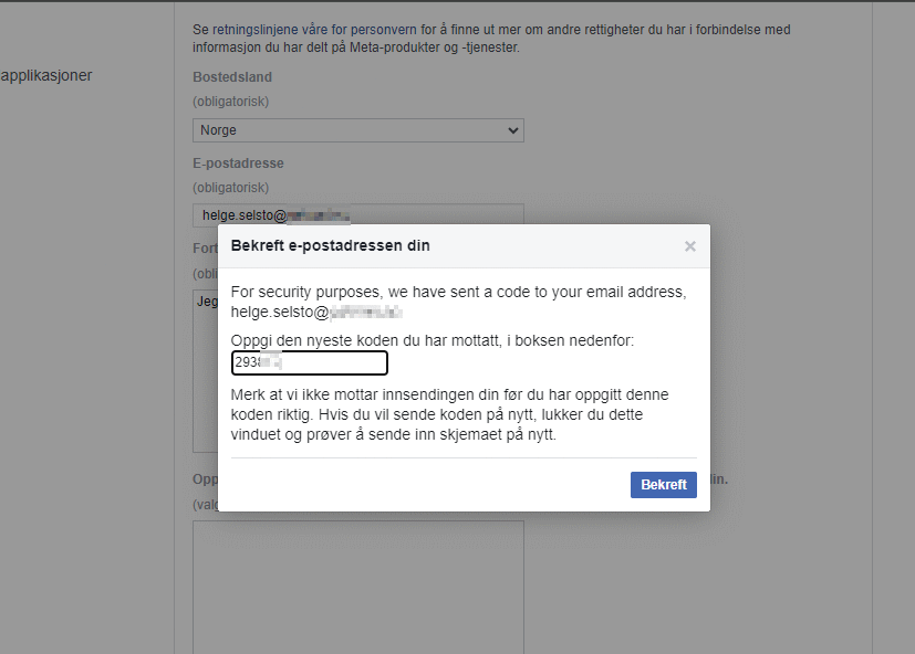 Skjermdump av boks du må skrive inn koden du fikk i e-post.