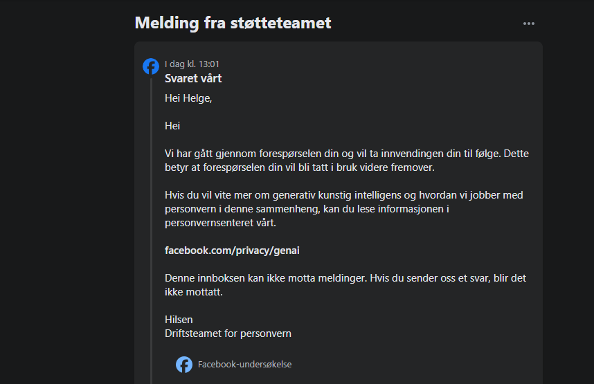 Skjermbilde av melding fra Facebook at din innvendig er tatt til følge.