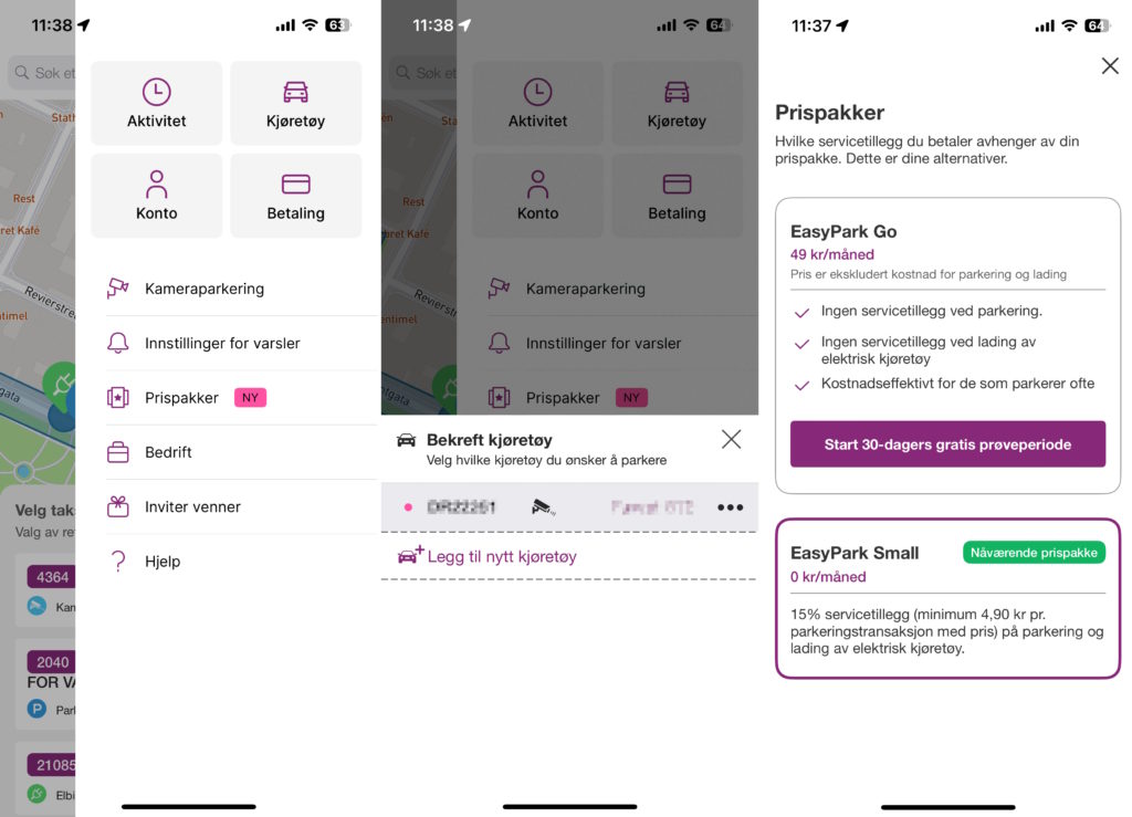 Skjermbilder av Easypark-appen
