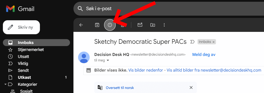 Skjermdump som viser hvor du skal trykke for å merke e-post som søppelpost i Gmail