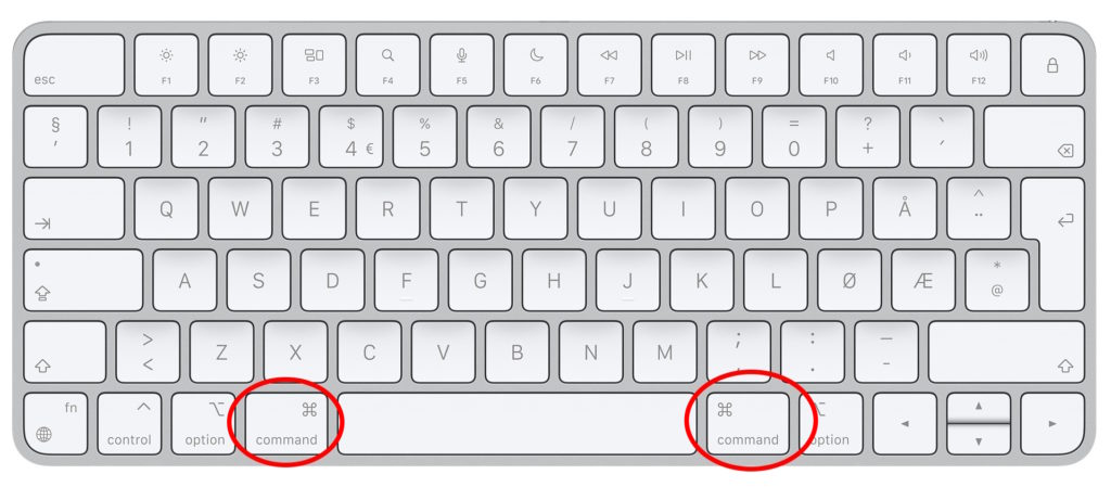 Mac-tastatur med kommando knappen markert med rød sirkel