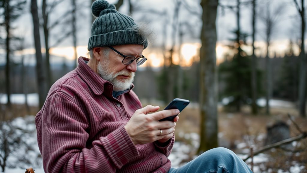 Person ute i skogen som sitter med en smarttelefon