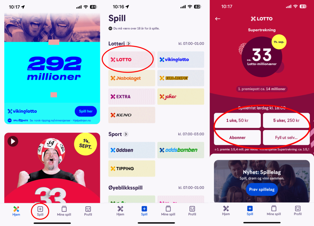 Skjermdump med eksempel på hvordan spille Lotto