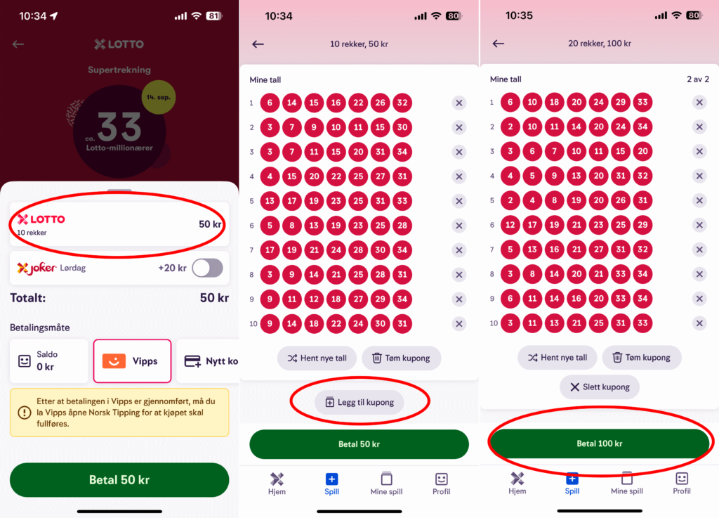 Skjermdump med eksempel på hvordan spille Lotto