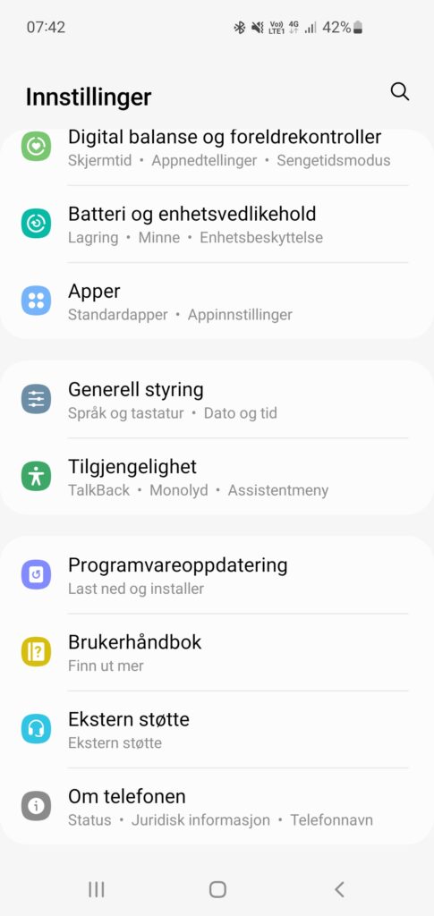 Skjermbilde av innstillinger på Android