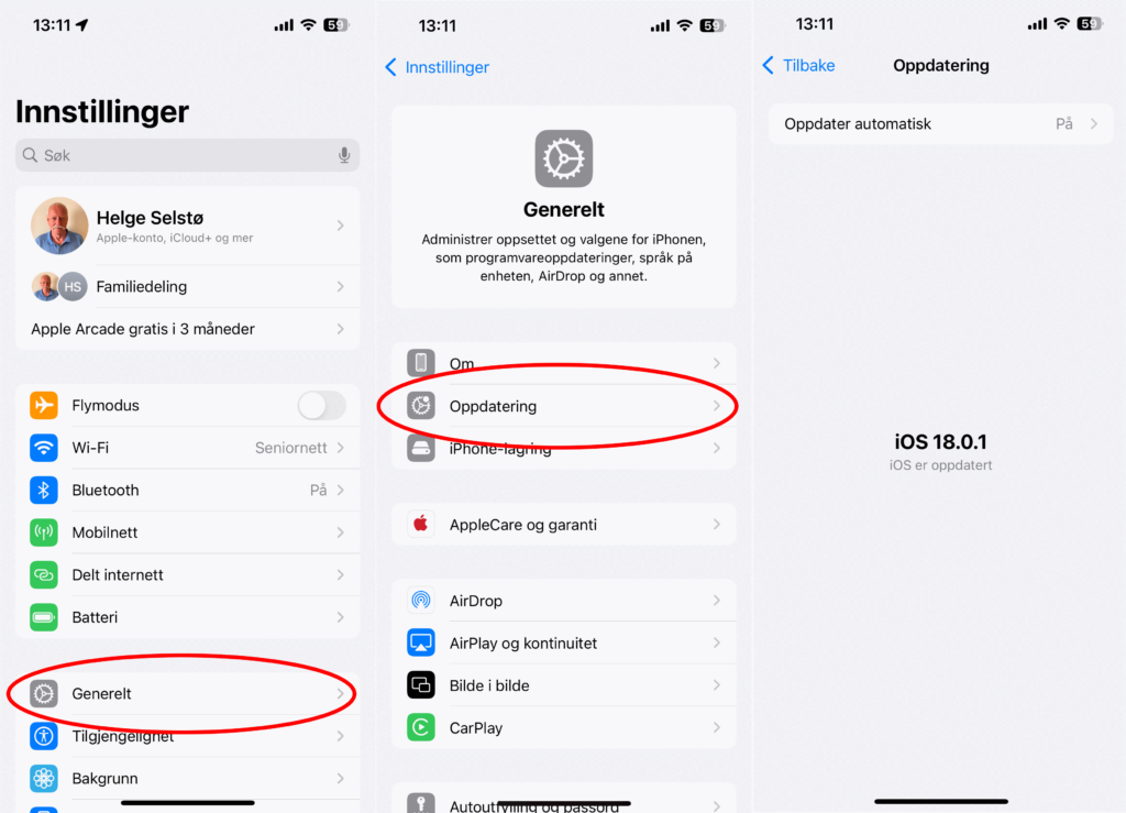 Skjermbilder av innstillinger og oppdateringer på iPhone