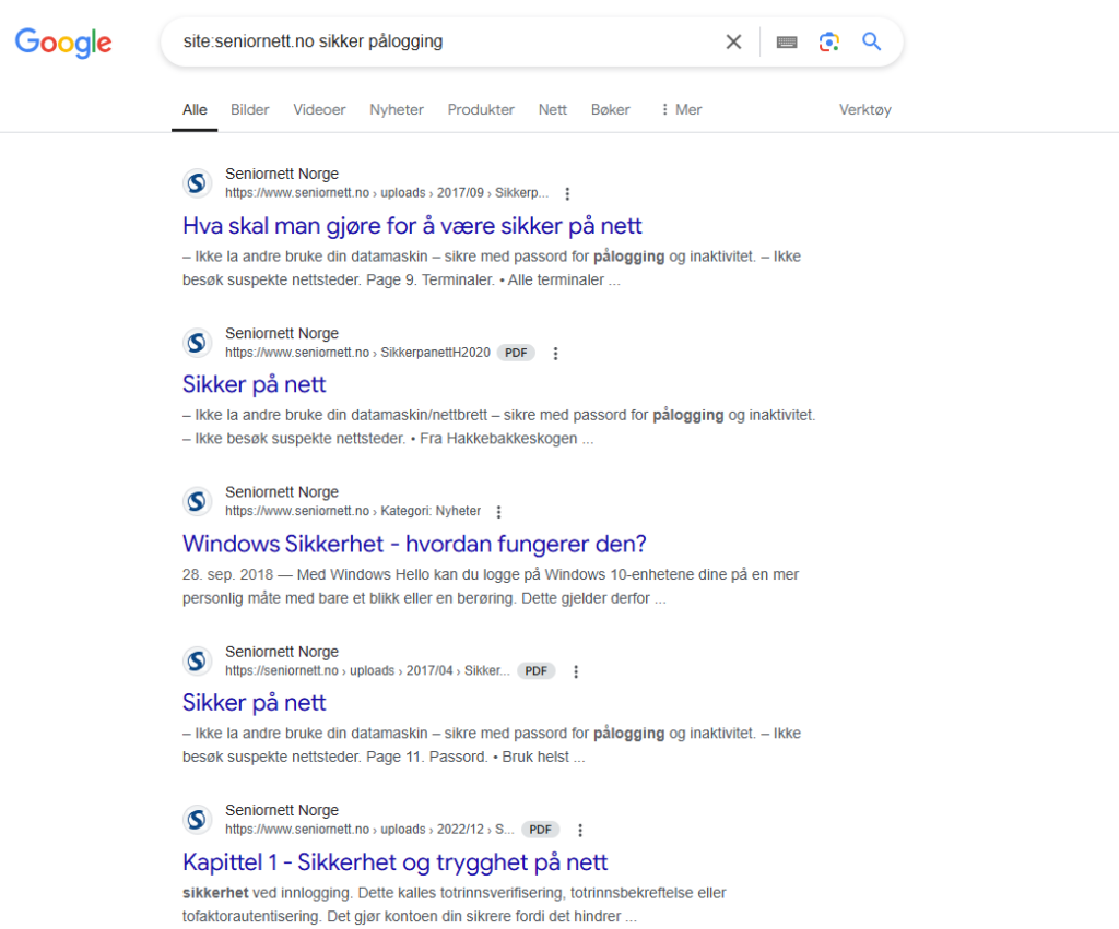 Eksempel på nettstedsøk site-søk