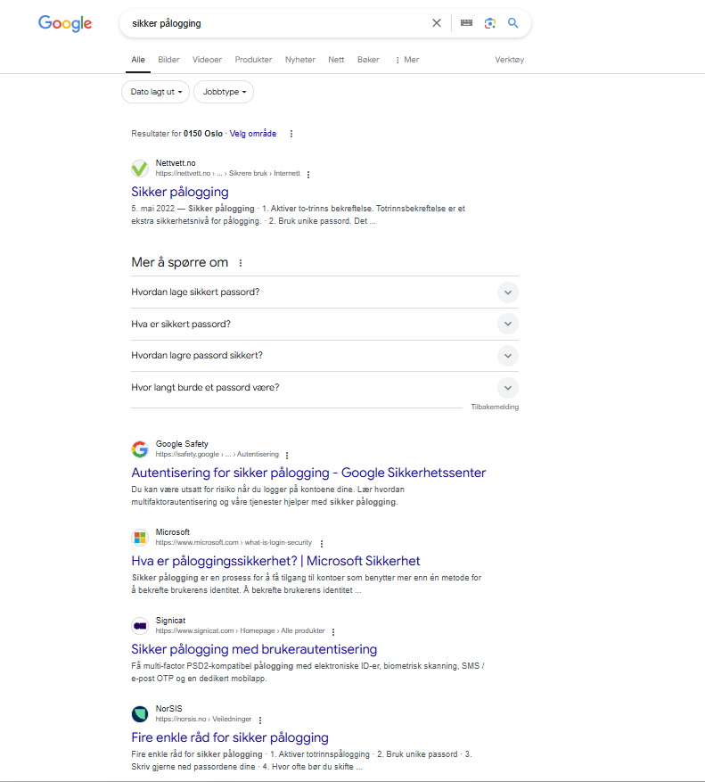 Skjermbilde av google.no og søkeresultat