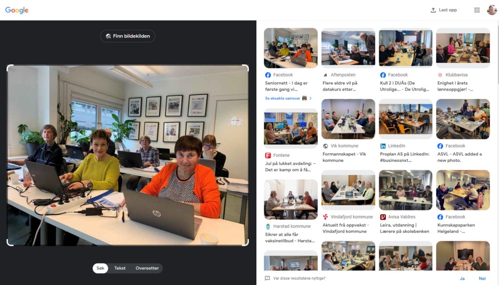 Skjermbilde av bildesøk med et bilde som har blitt brukt på internett