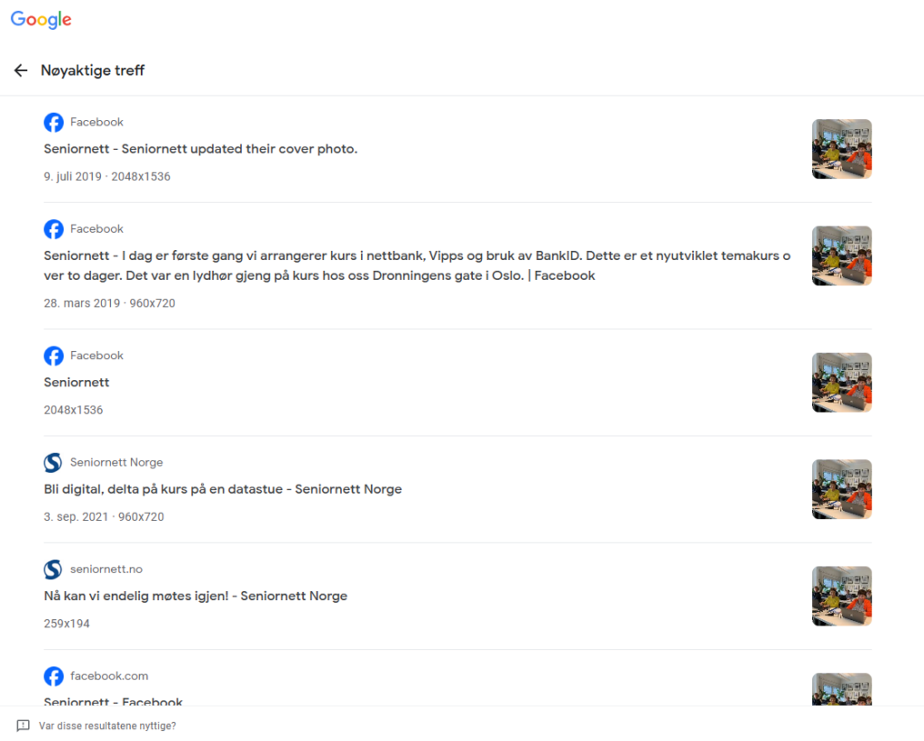 Skjermbilde av bildesøk der treff på nettsider vises