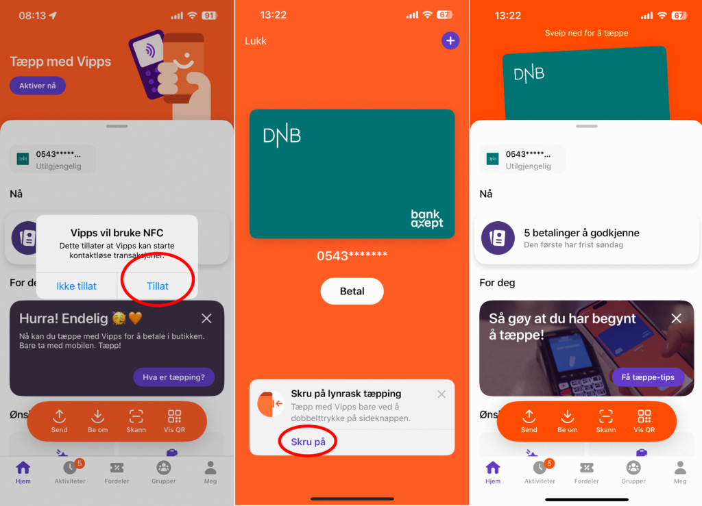 Skjermbilde av trinnene i tillat kontaktløs transaksjon fra Vipps appen